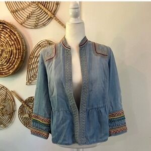 Chico's  Embroidered Boho Lyocell Jacket Festival Coastal Lightweight Blue OP 4P